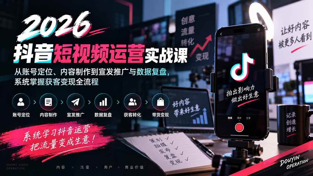 (20406期)2026抖音短视频运营实战课:从账号定位、内容制作到宣发推广与数据复盘,系统掌握获客变现全流程-选优云网创