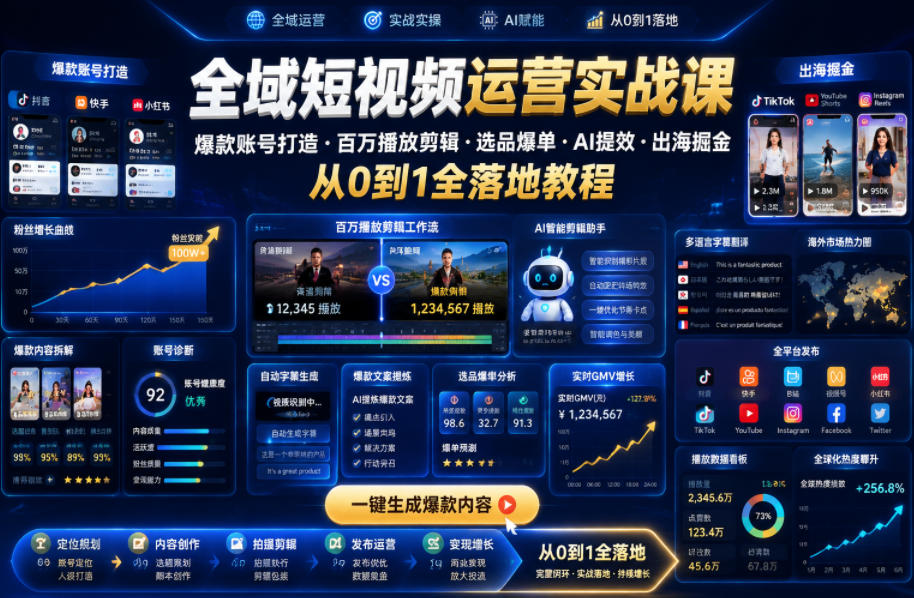 全域短视频运营实战课，爆款账号打造・百万播放剪辑・选品爆单・AI提效・出海掘金，从0到1全落地教程-选优云网创