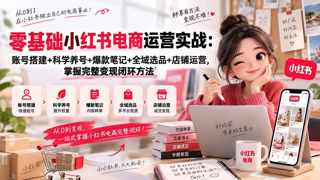 （20467期）零基础小红书电商运营实战：账号搭建+科学养号+爆款笔记+全域选品+店铺运营，掌握完整变现闭环方法-选优云网创