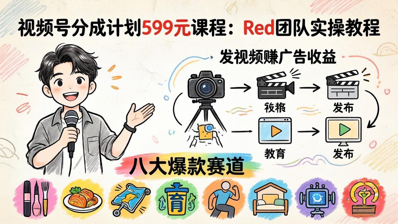 视频号分成计划599元课程：Red团队实操教程，发视频赚广告收益，八大爆款赛道全掌握-选优云网创