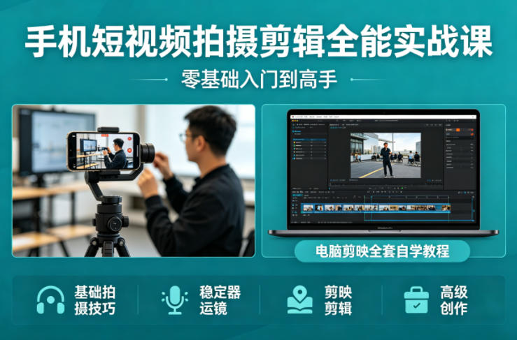 手机短视频拍摄剪辑全能实战课：零基础入门到高手，稳定器运镜+电脑剪映全套自学教程-选优云网创