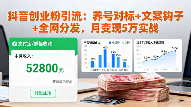 抖音创业粉引流：养号对标+文案钩子+全网分发，月变现5万实战-选优云网创