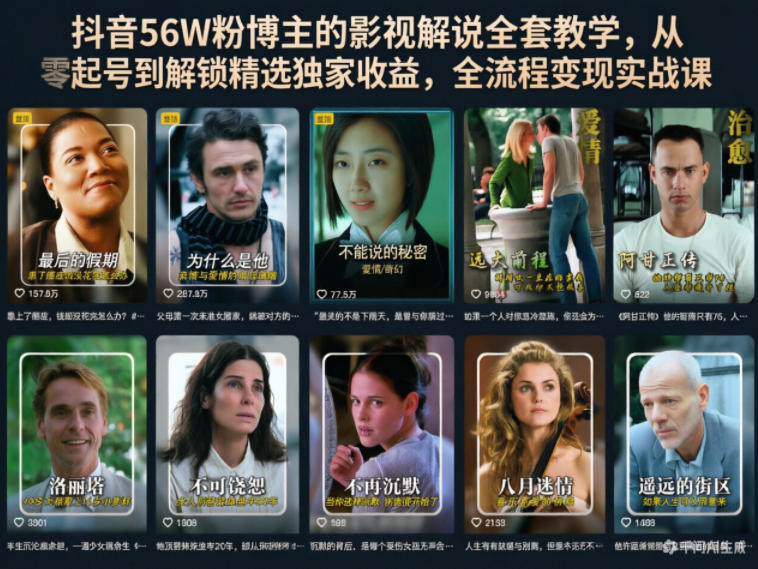 抖音56W粉博主的影视解说全套教学，从零起号到解锁精选独家收益，全流程变现实战课-选优云网创