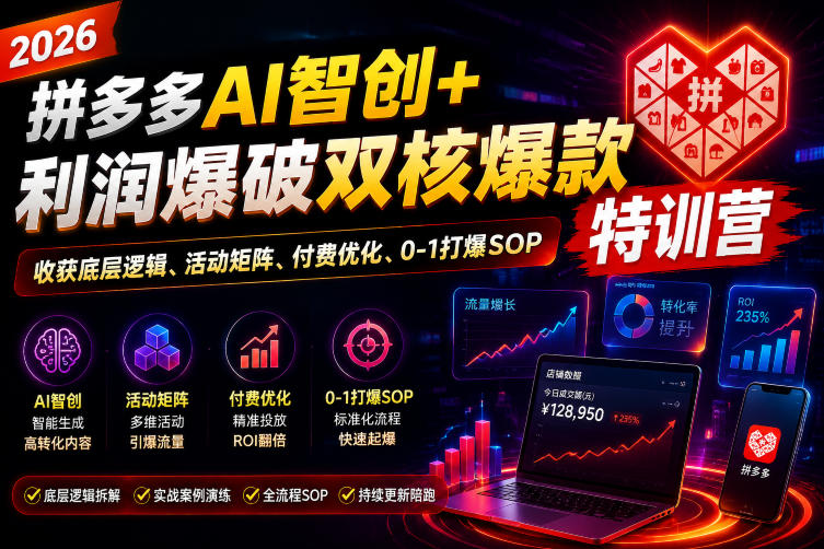 2026拼多多AI智创+利润爆破双核爆款特训营，收获底层逻辑、活动矩阵、付费优化、0-1打爆SOP-选优云网创