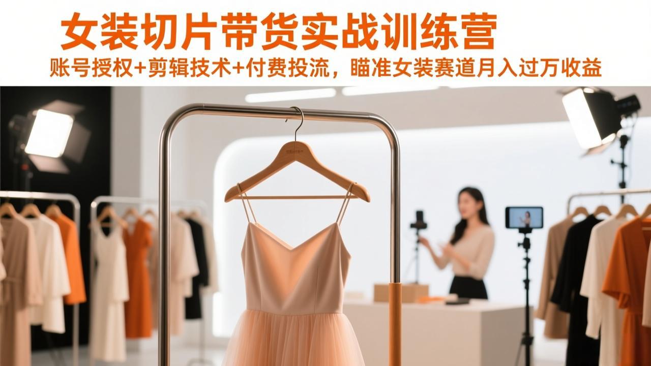 女装切片带货实战训练营，账号授权+剪辑技术+付费投流，瞄准女装赛道月入过万收益-选优云网创