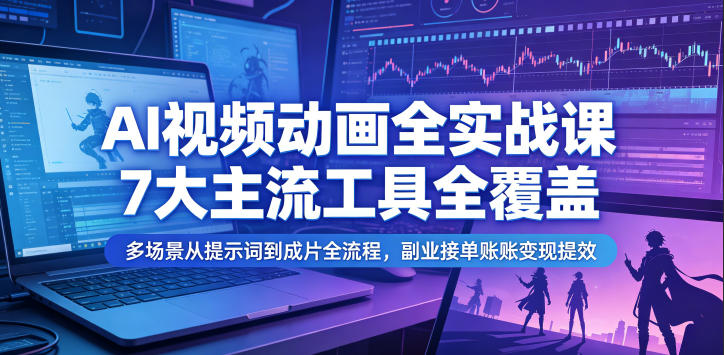 AI视频动画全实战课,7大主流工具全覆盖,多场景从提示词到成片全流程,副业接单账号变现提效-选优云网创