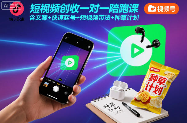 短视频创收一对一陪跑课,含文案+快速起号+短视频带货+种草计划-选优云网创