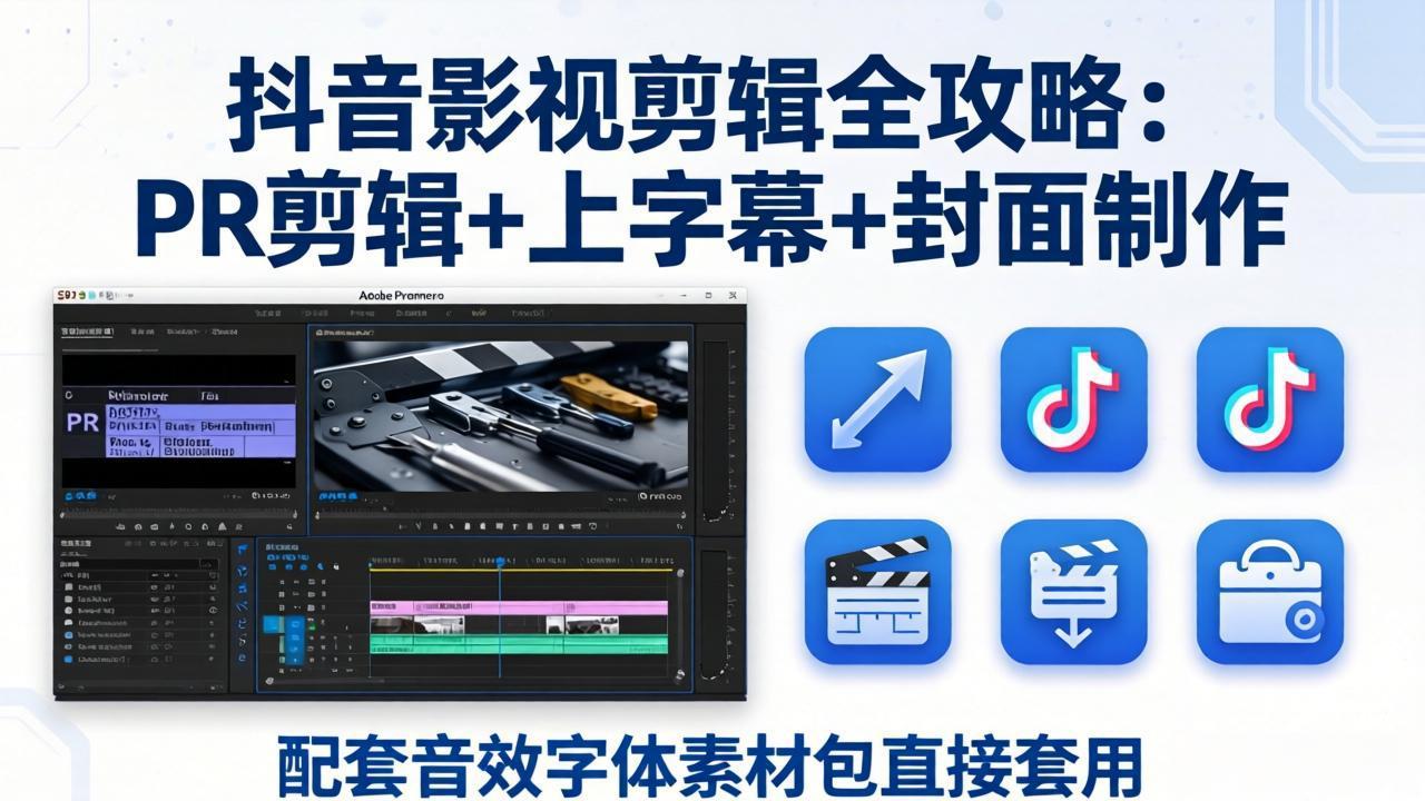 抖音影视剪辑全攻略：PR剪辑+上字幕+封面制作，配套音效字体素材包直接套用-选优云网创