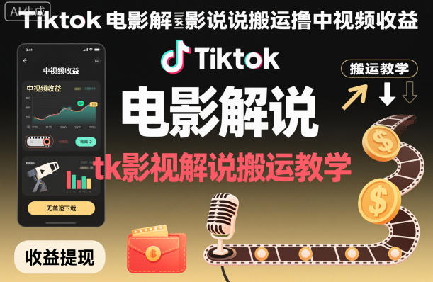 Tiktok电影解说搬运撸中视频收益，tk影视解说搬运教学-选优云网创