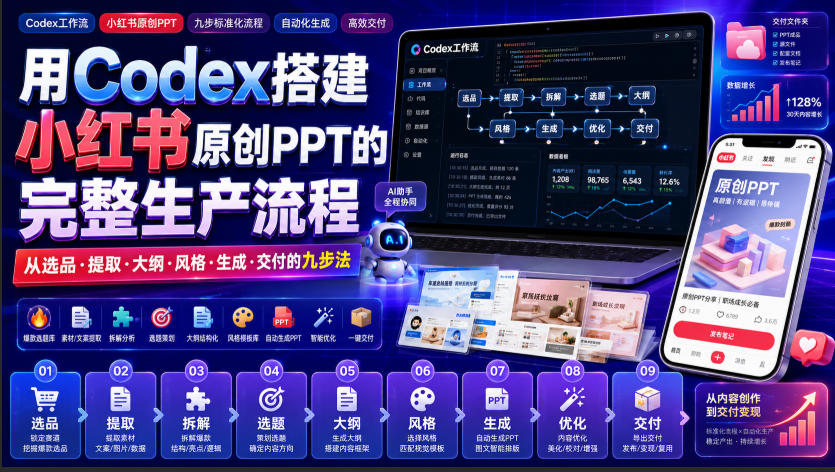 用Codex搭建小红书原创PPT的完整生产流程，从选品·提取·大纲·风格·生成·交付的九步法-选优云网创