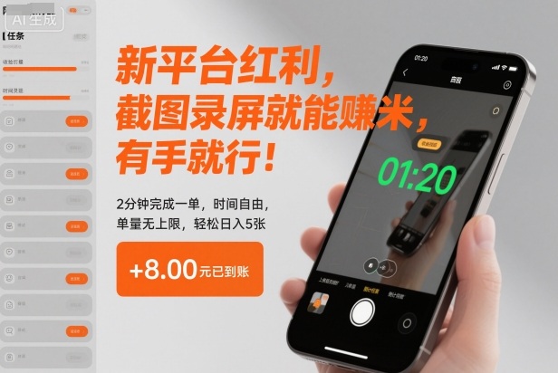 新平台红利，截图录屏就能賺米，有手就行！2分钟完成一单，时间自由，单量无上限，轻松日入5张【揭秘】-选优云网创