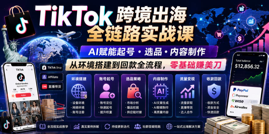 TikTok跨境出海全链路实战课，AI赋能起号・选品・内容制作，从环境搭建到回款全流程，零基础賺美刀-选优云网创