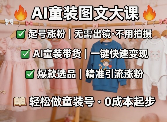 AI童装图文剪辑，某社群童装图文大课，起号涨粉、AI童装带货、爆款选品，无需出镜和拍摄-选优云网创