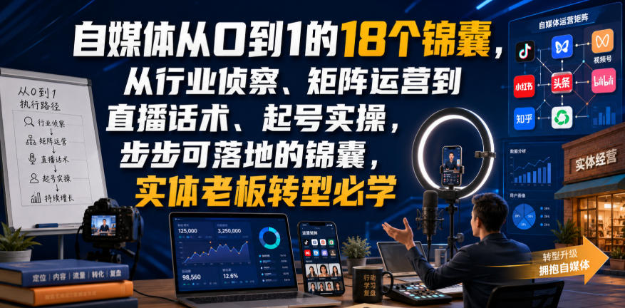 自媒体从0到1的18个锦囊，从行业侦察、矩阵运营到直播话术、起号实操，步步可落地的锦囊，实体老板转型必学-选优云网创
