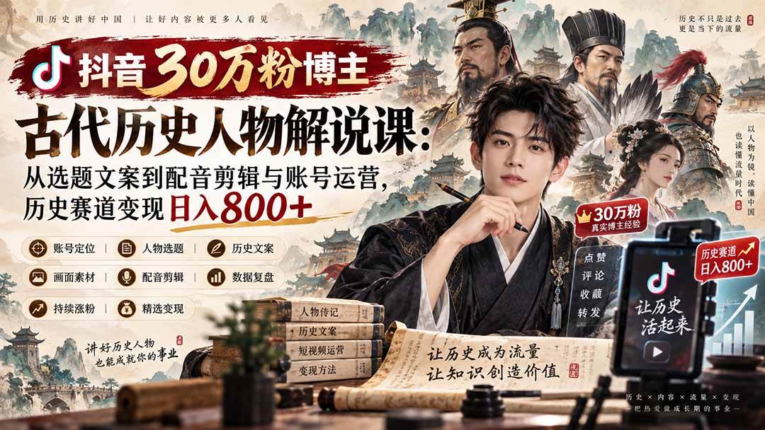 （20441期）抖音30万粉博主古代历史人物解说课：从选题文案到配音剪辑与账号运营，历史赛道变现日入800+-选优云网创