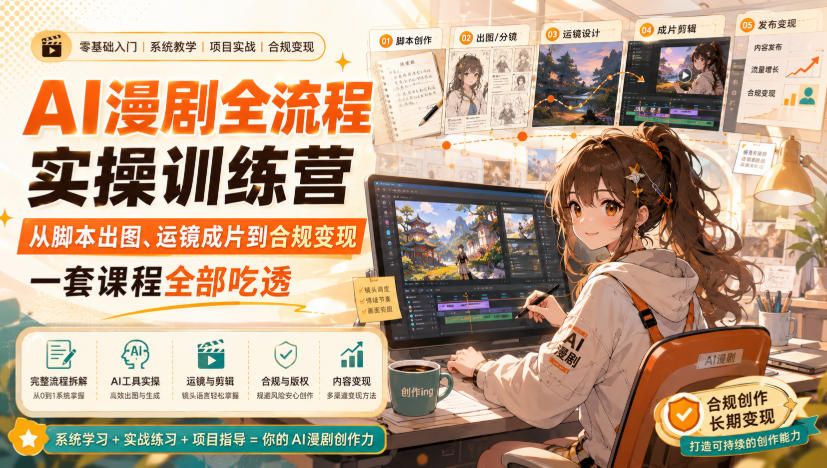 AI漫剧全流程实操训练营，从脚本出图、运镜成片到合规变现，一套课程全部吃透-选优云网创