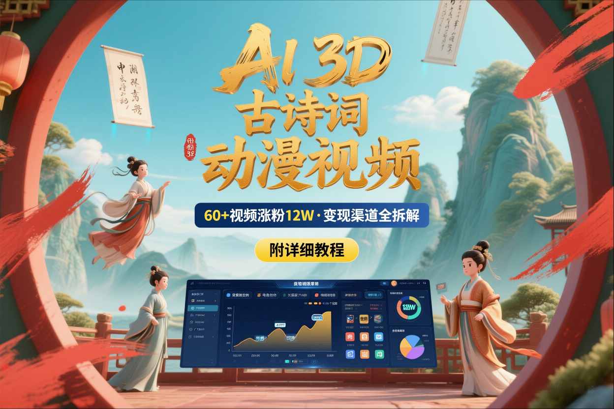 AI制作3D古诗词动漫视频，60多个视频涨粉12W，多个变现渠道拆解【附详细教程】-选优云网创