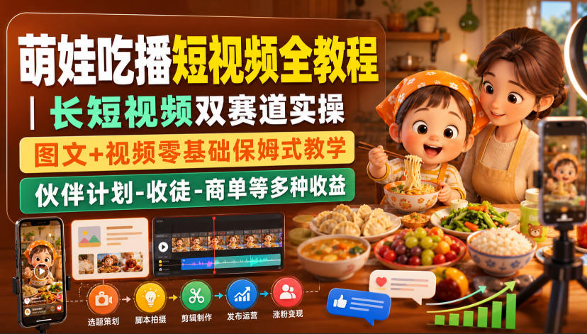 萌娃吃播短视频全教程｜长短视频双赛道实操，图文+视频零基础保姆式教学，伙伴计划-收徒-商单等多种变现方式-选优云网创