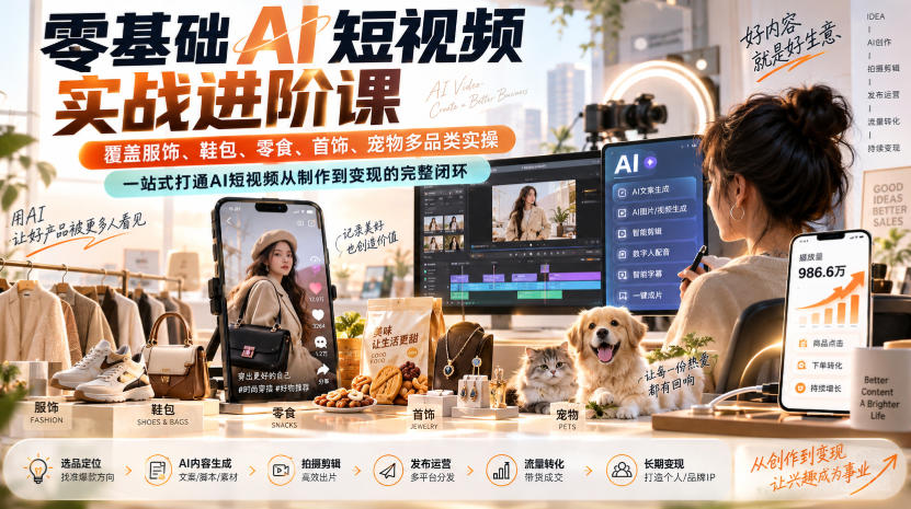 零基础AI短视频实战进阶课，覆盖服饰、鞋包、零食、首饰、宠物多品类实操，一站式打通AI短视频从制作到变现的完整闭环-选优云网创