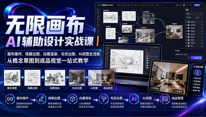 无限画布AI辅助设计实战课｜画布操作、线稿出图、白模渲染、毛坯出图、AI改图全流程，从概念草图到成品视觉一站式教学-选优云网创