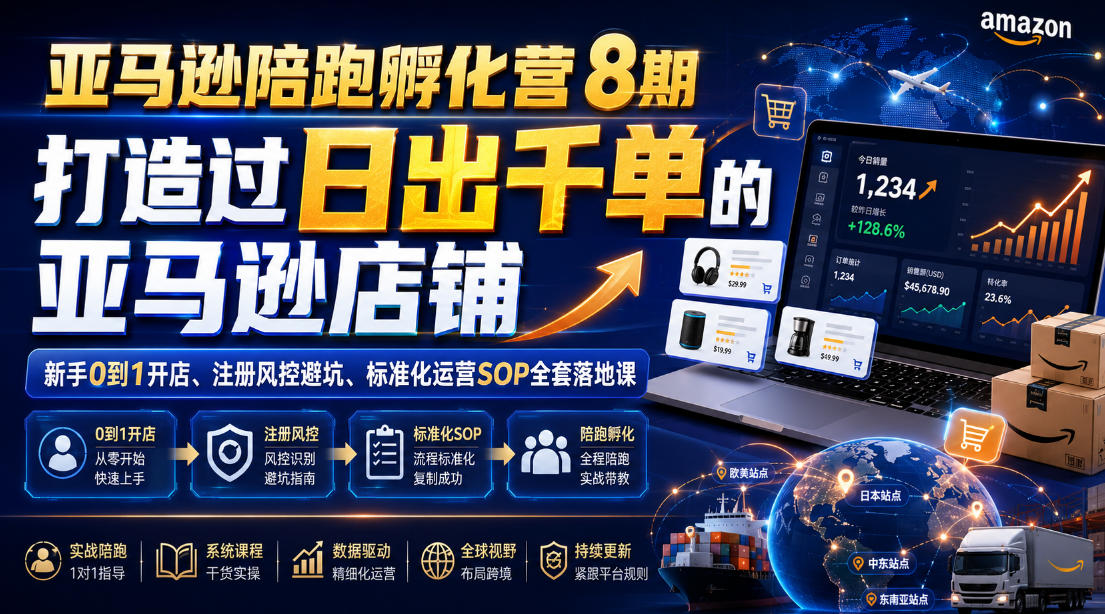 亚马逊陪跑孵化营8期,打造过日出千单的亚马逊店铺,新手0到1开店、注册风控避坑、标准化运营SOP全套落地课-选优云网创