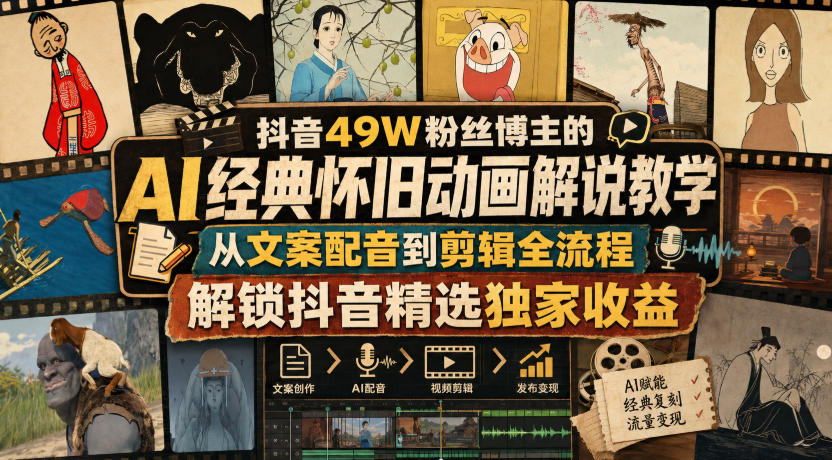 抖音49W粉丝博主的AI经典怀旧动画解说教学，从文案配音到剪辑全流程，解锁抖音精选独家收益-选优云网创
