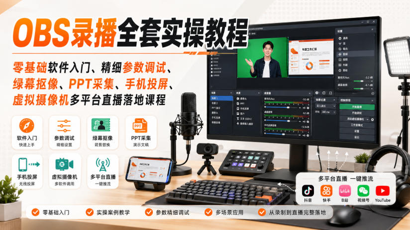 OBS录播全套实操教程｜零基础软件入门、精细参数调试、绿幕抠像、手机投屏、虚拟摄像机多平台直播落地课程-选优云网创