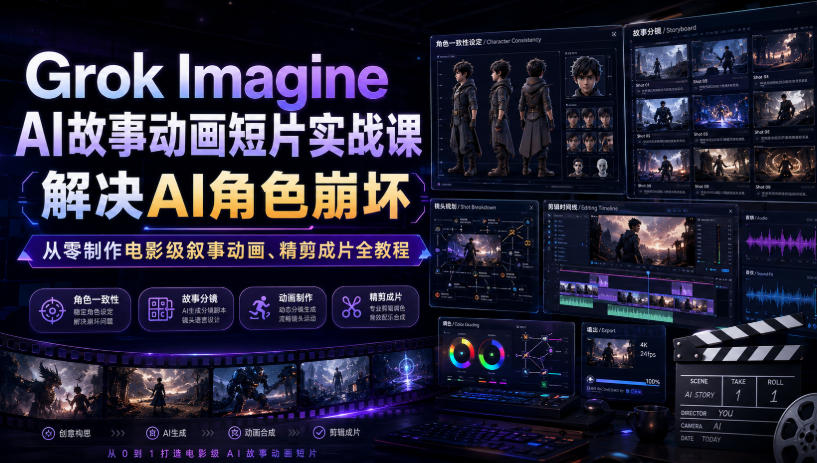 Grok Imagine AI故事动画短片实战课｜解决AI角色崩坏，从零制作电影级叙事动画、精剪成片全教程(中英字幕)-选优云网创
