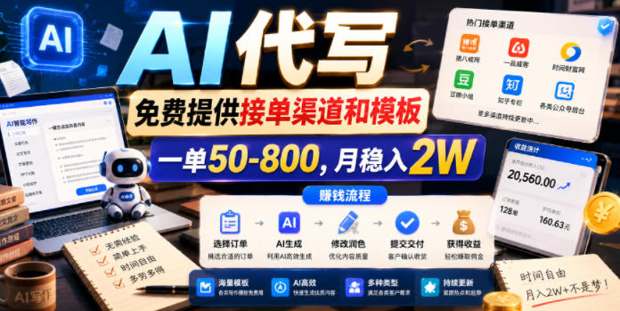 AI代写,免费提供接单渠道和模板,一单50-800,月稳入2W【揭秘】-选优云网创