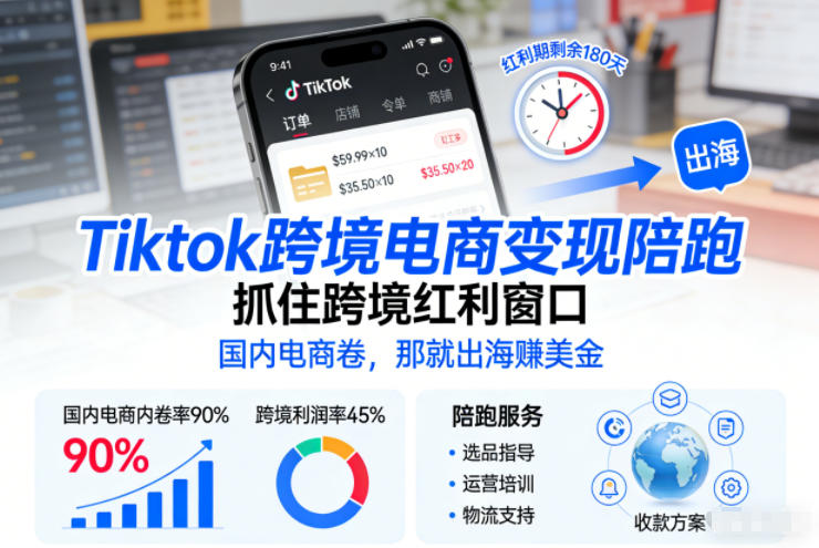 Tiktok跨境电商变现陪跑，抓住跨境红利窗口，国内电商卷，那就出海賺美金-选优云网创