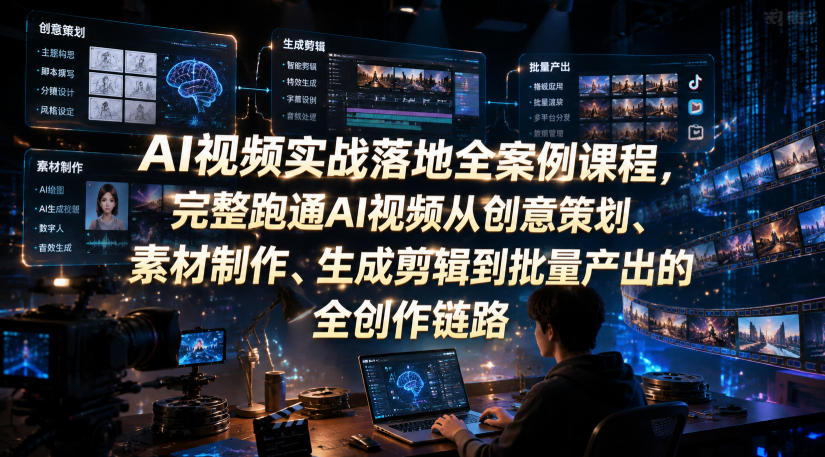 AI视频实战落地全案例课程，完整跑通AI视频从创意策划、素材制作、生成剪辑到批量产出的全创作链路-选优云网创