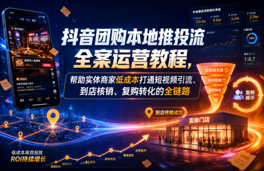 抖音团购本地推投流全案运营教程,帮助实体商家低成本打通短视频引流、到店核销、复购转化的全链路-选优云网创